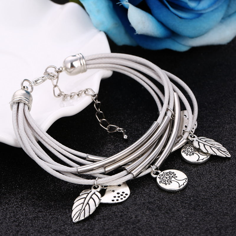 Silver Filled Charm Leaves Tibetant Silver Multilayer Bracelets For Women Pulseiras Pendant Bracelets & Bangles