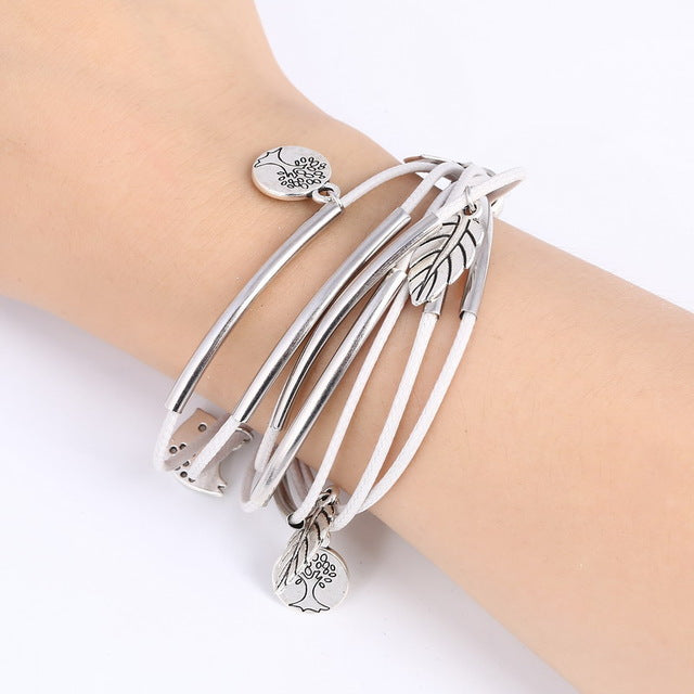 Silver Filled Charm Leaves Tibetant Silver Multilayer Bracelets For Women Pulseiras Pendant Bracelets & Bangles